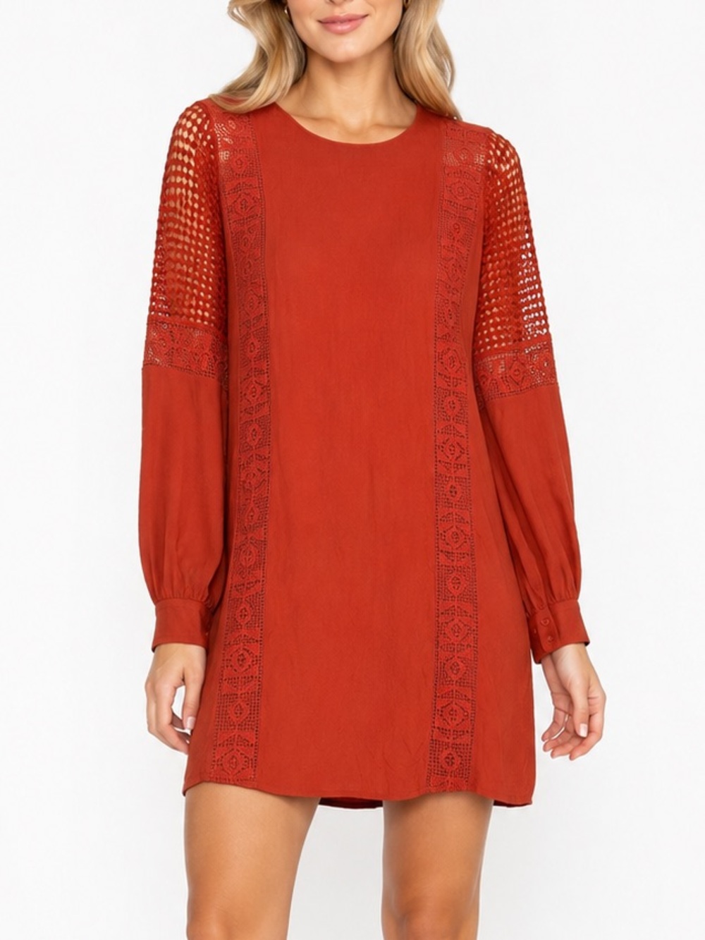 ASTR The Label Rust Adobe Crochet Lace Sleeve Shift Dress Size Small NWT